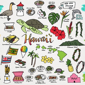 Hawaii Clipart - monuments clipart, places & cities clipart, hand drawn clipart, locations clipart, tropical island, hibiscus, hawaiian food