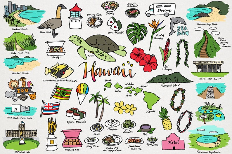 Hawaii Clipart - monuments clipart, places & cities clipart, hand drawn clipart, locations clipart, tropical island, hibiscus, hawaiian food image 1