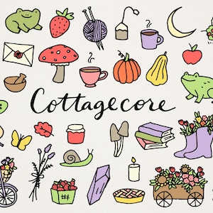 Op de afbeelding: Een verzameling cottagecore-illustraties met een verscheidenheid aan grillige elementen, waaronder een kikker, een paddenstoel, een huis, een theepot, een fiets, een slak, een kristal, een taart, een stapel boeken, een pompoen, een bol wol, een theekopje, een deur, een boomstronk, een mand met appels, een kom, een groene appel, een strohoed met bloemen, een vlinder, een pot jam, een bosje lavendel, een halve maan, een aardbei, een bos bloemen in een kar en de tekst "Cottagecore".