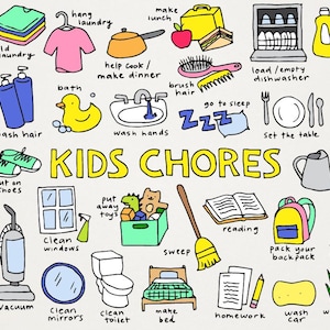 Kids Haushalt Clipart Set - Kinder Planer für Kinder jeden Alters, handgezeichnete druckbare Illustrationen für Kalender Planer