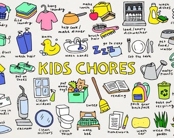 Kids Chores Clipart Set - Chore Chart Daily Tasks for Children Toddlers All Ages, Hand Drawn Printable Illustrations for Calendars Planners