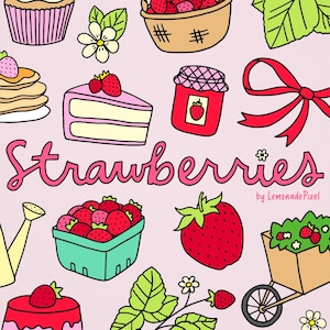 Ensemble d'illustrations clipart fraises - graphismes dessinés à la main, desserts sucrés et mignons