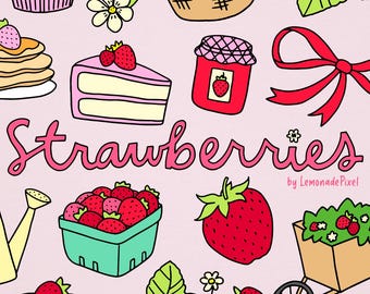 Strawberries Clipart Illustrations Set - Hand Drawn Graphics, Sweet & Cute Desserts