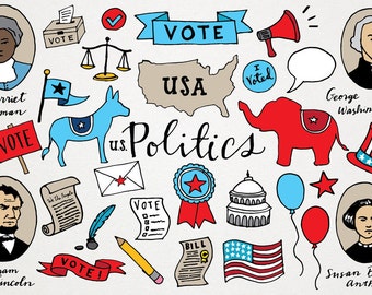 Political Clipart - Voting clip art, republican democrat clipart, hand drawn illustration, USA American politics, Historical Figures