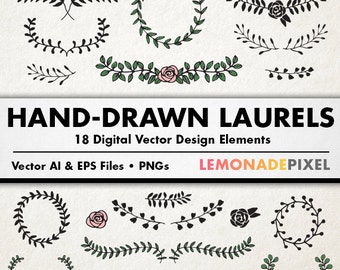 Laurels Clip Art  - Hand Drawn Clipart, floral frames, wedding clipart, Leaves clipart, vector wreaths, scapbooking, graphic design elements