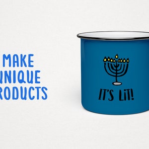 May include: Blue enamel mug with a black menorah and yellow candles. The text "It's Lit!" is printed on the mug.