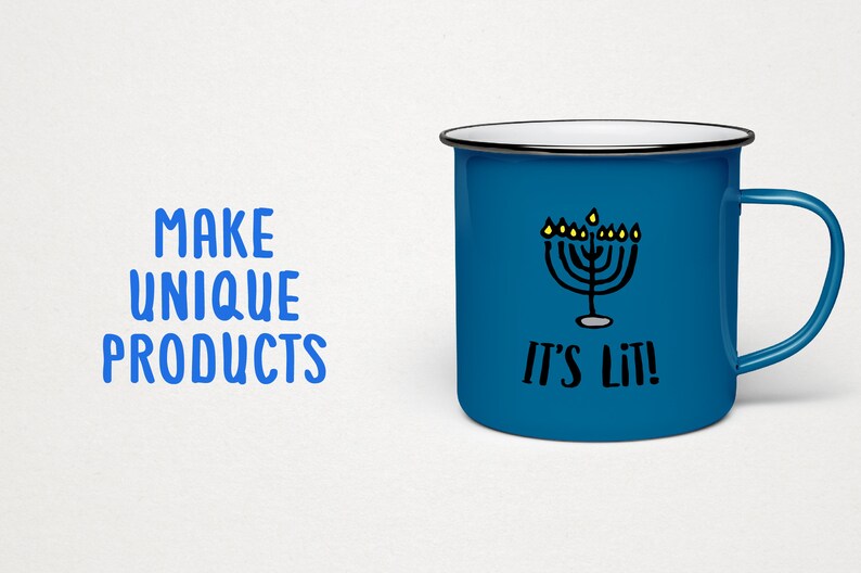 May include: Blue enamel mug with a black menorah and yellow candles. The text "It's Lit!" is printed on the mug.