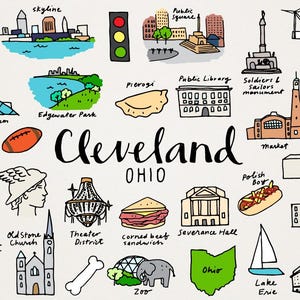 Conjunto de imágenes prediseñadas de la ciudad de Cleveland, Ohio: ilustraciones dibujadas a mano de ciudades y estados