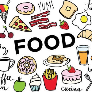 Food Clip Art Hand drawn clip art, food collage sheet, desserts clipart, breakfast clipart, cafe art, typography clipart, doodle clipart image 1