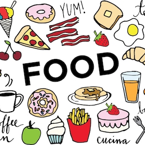 K&ouml;nnte beinhalten: Eine bunte Illustration verschiedener Lebensmittel, darunter ein Pizzast&uuml;ck, ein Donut, ein Croissant, ein Glas Orangensaft und eine Tasse Kaffee. Das Wort "FOOD" ist in gro&szlig;en, fetten Buchstaben in der Mitte des Bildes geschrieben. Weitere W&ouml;rter im Bild sind "eat", "yum", "tea", "cafe", "bakery", "kitchen", "coffee", "cucina" und "cucina".