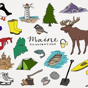 Maine State Clipart Set - Elch Austern Berge nautischer sofortiger Download, digitale Illustration, kommerzielle Lizenz, druckbare Kunst