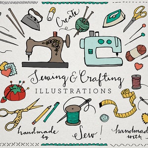 Sewing and Crafting Clipart - sewing machine, crafting clipart, sewing clip art , needle and thread, hand drawn, button, thread clip art