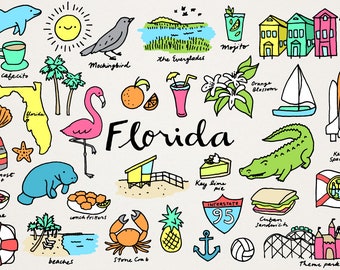 Florida Illustrationen Clipart-Set - Handgezeichnete US Bundesstaat Denkmäler Wahrzeichen