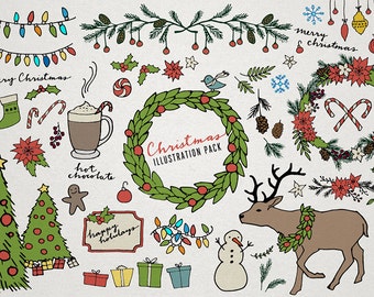 Christmas Clipart, holiday clipart, wreath art, hand drawn xmas, reindeer illustration, candy cane drawing, christmas tree, winter clipart