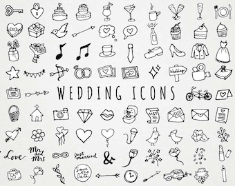 B&W Wedding Icons Clipart - Hand drawn clipart, wedding clip art, doodle icons diy weddings, wedding illustrations, invitation design B+W