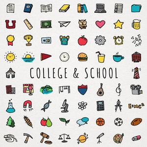 Ensemble de cliparts icônes collège et école - dessinés à la main, clipart d'apprentissage, retour à l'école, illustrations esquissées, téléchargement immédiat à usage commercial