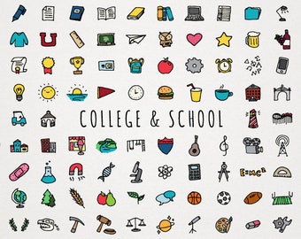 College & School Icons Clipart Set - hand drawn, learning clip art, back to school, sketched illustrations, commercial use instant download