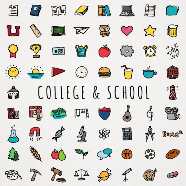 College & School Icons Clipart Set - hand drawn, learning clip art, back to school, sketched illustrations, commercial use instant download