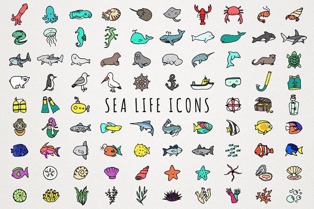 Sea Life Icons Clipart Set Ocean Icons, Fish Icons, Instant Download, Sea  Clipart, Shark Whale Diving Jellyfish Octopus Shell Icons 