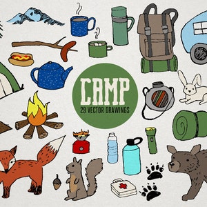 Nature Clipart MEGAPACK Camping clipart, wilderness clipart, hand drawn illustrations, bear fox animals tent mountains s'more backpacking image 2