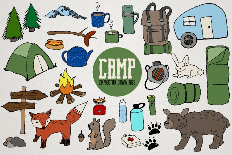 May include: A set of 29 hand-drawn camping illustrations, including a tent, campfire, sleeping bag, backpack, flashlight, water bottle, first aid kit, and more. The illustrations are in a cartoon style and are perfect for use in scrapbooking, card making, or other craft projects.
