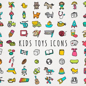 Kinderen speelgoed Icons Set - baby- en peuterpictogrammen, speelgoed clipart set, hand getrokken grafische collectie, speelgoedlabels, kinderambachten, diy clipart set