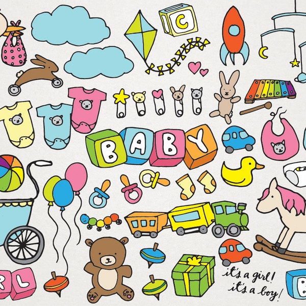 Baby Clipart - Hand drawn clip art, new baby, baby shower clip art, baby shower drawings, baby toys, new baby clipart, baby girl or baby boy