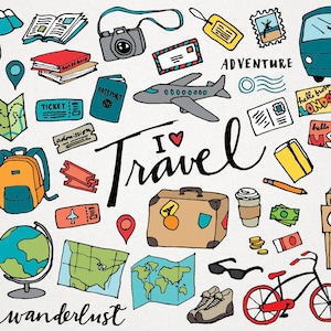 Reizen Clipart - hand getrokken illustraties, digitale download, vakantie clipart, zie de wereld-illustraties, instant download, ontwerpbron