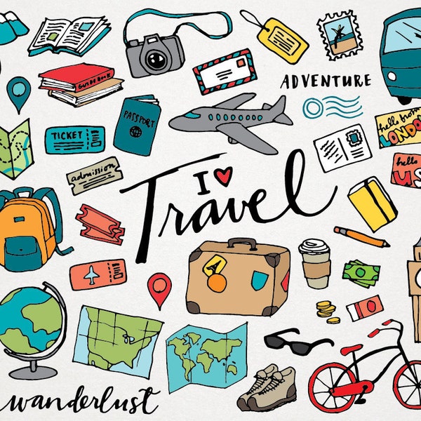 Travel Clipart - hand drawn illustrations, digital download, vacation clipart, see the world clip art, instant download, design resource