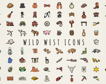 Wild West Icons Clipart Set - hand drawn, old west, cowboy clip art, western horses snakes wilderness, country illustrations, vector png