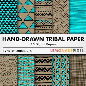 Tribal Digital Paper – Handgezeichnetes digitales Papier, Kraftpapier, blaues und braunes Papier, Design-Hintergründe, digitale Texturen, Stammesmuster