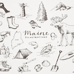 Set di clipart di schizzi dello stato del Maine - download immediato, licenza commerciale per illustrazioni digitali, arte stampabile, montagne di alci nautiche B&N