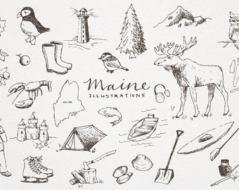 Maine State Sketched Clipart Set - instant download, digital illustration commercial license, printable art, moose mountains nautical