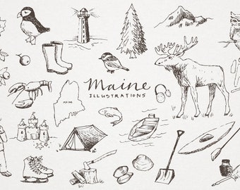 Maine State Sketched Clipart Set - instant download, digital illustration commercial license, printable art, moose mountains nautical B&W