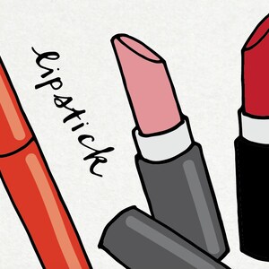 May include: Three lipsticks in different colors and styles. The lipsticks are red, pink, and orange. The word "lipstick" is written in black cursive on a white background.
