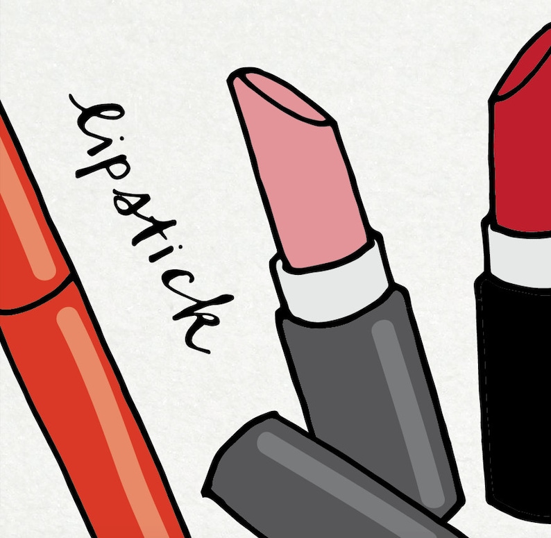 May include: Three lipsticks in different colors and styles. The lipsticks are red, pink, and orange. The word "lipstick" is written in black cursive on a white background.