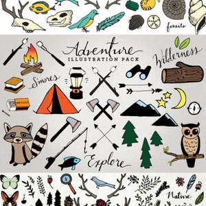 May include: A set of hand-drawn illustrations featuring nature and adventure themes. The illustrations include a variety of elements, such as animals, plants, camping gear, and outdoor activities. The illustrations are in a whimsical style and are perfect for use in scrapbooking, card making, and other creative projects.
