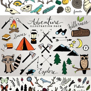 Nature Clipart MEGAPACK Camping clipart, wilderness clipart, hand drawn illustrations, bear fox animals tent mountains s'more backpacking image 5