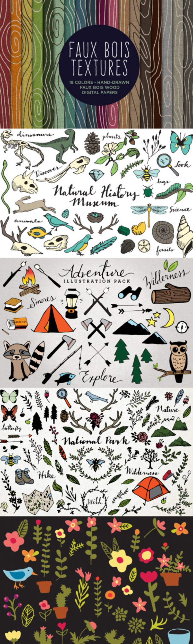 May include: A set of hand-drawn illustrations featuring nature and adventure themes. The illustrations include a variety of elements, such as animals, plants, camping gear, and outdoor activities. The illustrations are in a whimsical style and are perfect for use in scrapbooking, card making, and other creative projects.