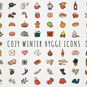 Cozy Hygge Icons Clipart Set - dibujado a mano, imágenes prediseñadas de invierno, iconos de otoño, ilustraciones esbozadas, uso comercial, acción de gracias de Navidad