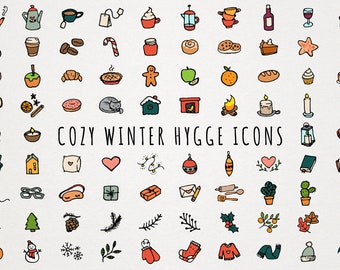 Cozy Hygge Icons Clipart Set - hand drawn, winter clipart, autumn fall icons, sketched illustrations, commercial use, christmas thanksgiving