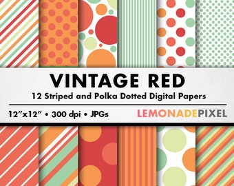 Stripes & Dots Digital Paper - Vintage Red Blue Orange, Polka Dot Digital Paper, Stripes Digital Paper, Instant Download, Digital Texture