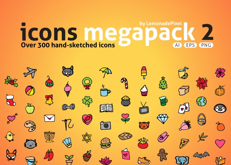 Puede incluir: Una colecci&oacute;n de m&aacute;s de 300 iconos dibujados a mano en una variedad de colores y estilos. Los iconos est&aacute;n organizados en una cuadr&iacute;cula sobre un fondo amarillo. El texto "icons megapack 2" est&aacute; en la parte superior de la imagen.