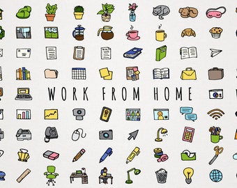 Work From Home Icons Clipart Set - quarantine icons, clip art for planner stickers, wfh illustrations, virtual meetings, home office icons
