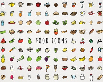 Food Icons Clip Art - hand drawn clipart, foodie icons, food illustrations, instant download, commercial license, fruits vegetables drinks