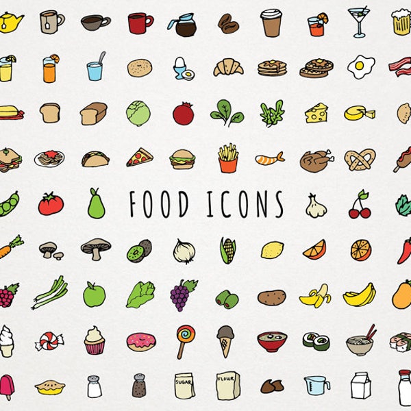 Food Icons Clip Art - hand drawn clipart, foodie icons, food illustrations, instant download, commercial license, fruits vegetables drinks