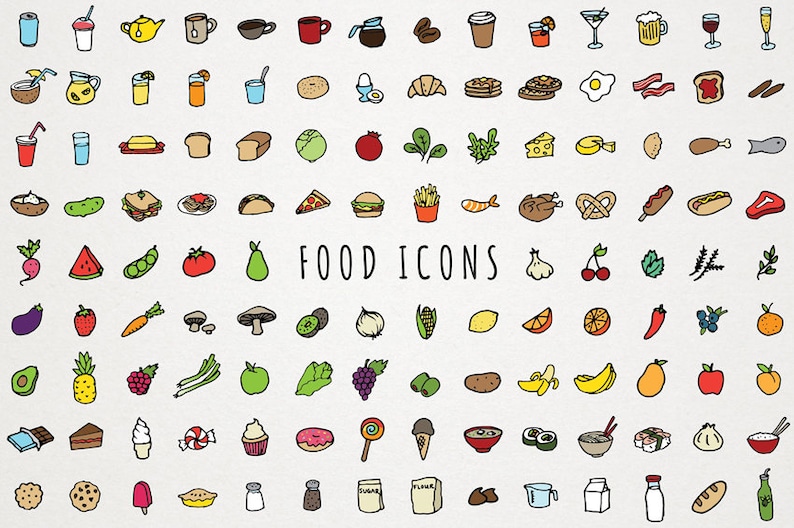 May include: A collection of 100 colorful hand-drawn food icons, including fruits, vegetables, drinks, desserts, and more. The icons are arranged in a grid pattern on a white background. The text "FOOD ICONS" is written in black at the center of the image.