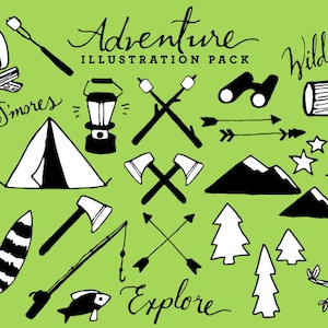 Adventure + Camping Clipart [Black and White] - rustic drawings, hand drawn clipart, woodland clipart, nature clip art, mountains art B+W