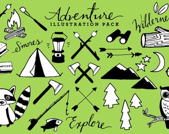 Adventure + Camping Clipart [Black and White] - rustic drawings, hand drawn clipart, woodland clipart, nature clip art, mountains art B+W