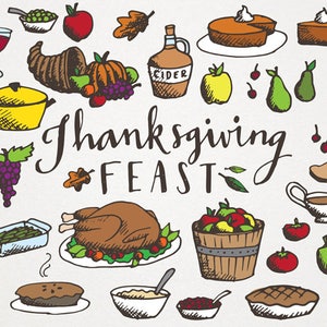 Clipart della festa del Ringraziamento - Illustrazioni disegnate a mano, licenza commerciale, cena di tacchino, clipart di cornucopia, clipart stagionale autunnale